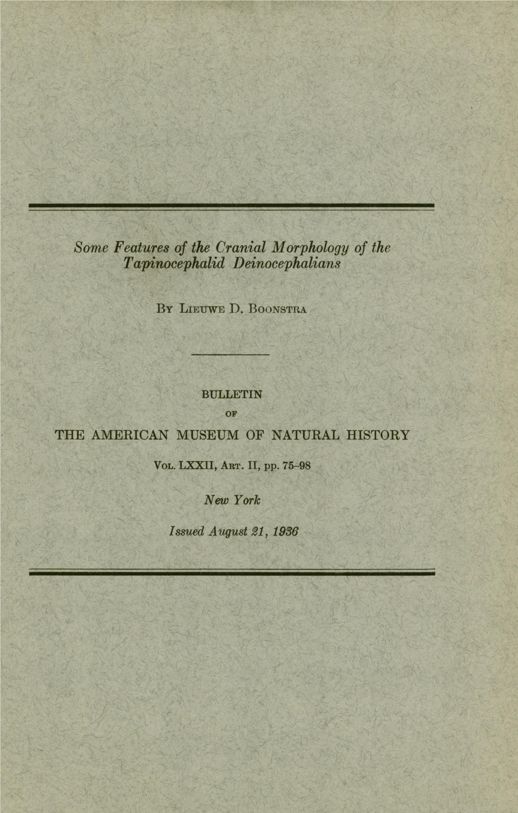 Tapitioephalid Deinocephalians Issued August 21 1936