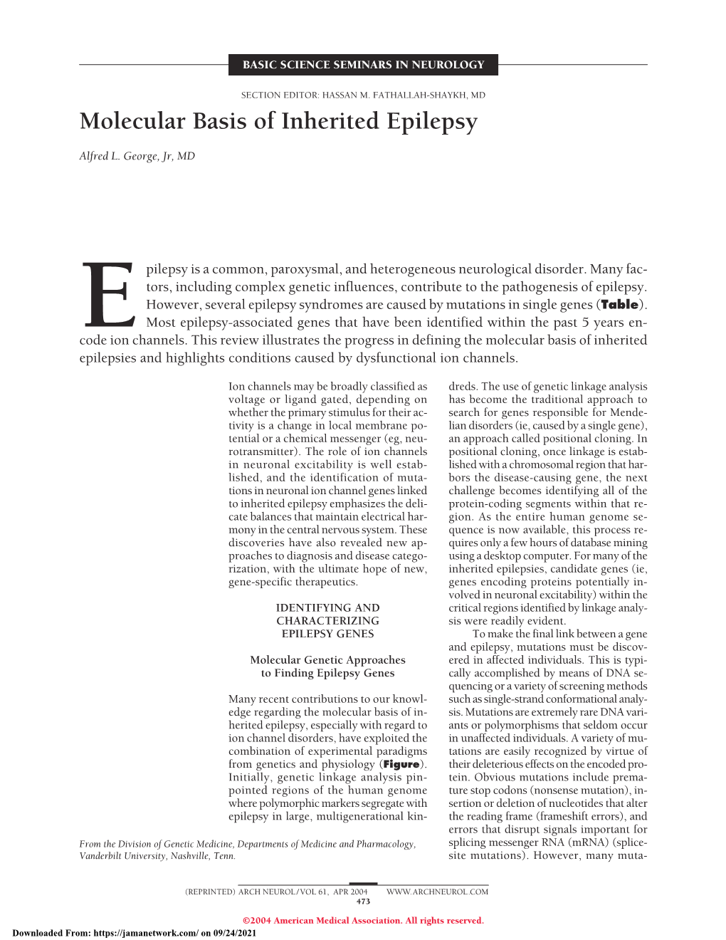 Molecular Basis of Inherited Epilepsy