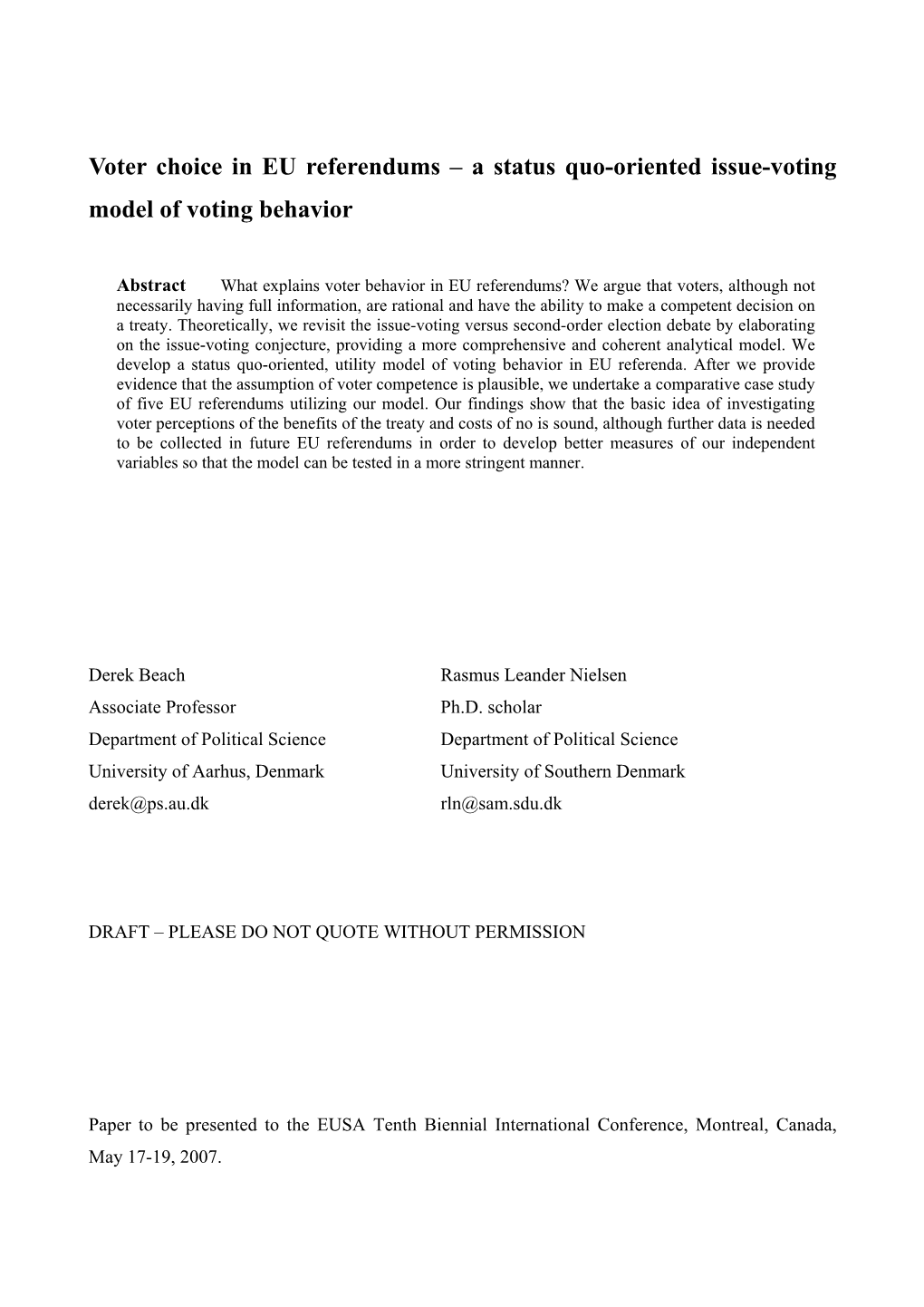 Voter Choice in EU Referendums – a Status-Quo Oriented Issue-Voting Model of Voting Behavior