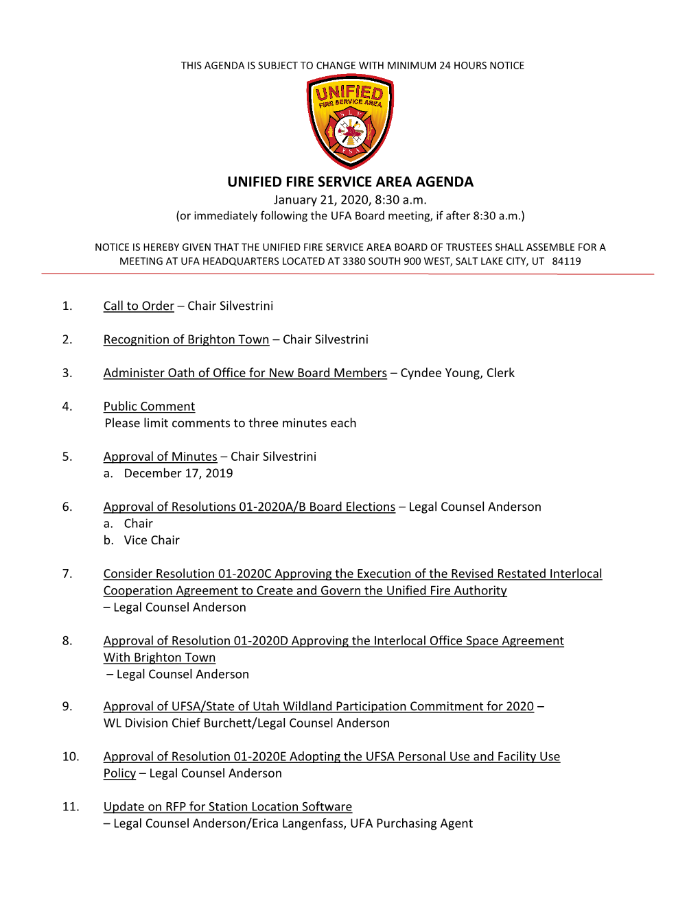 UNIFIED FIRE SERVICE AREA AGENDA January 21, 2020, 8:30 A.M