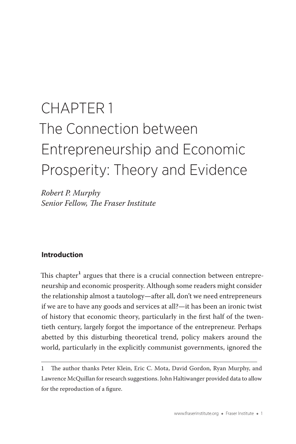 CHAPTER 1 the Connection Between Entrepreneurship and Economic Prosperity: Theory and Evidence