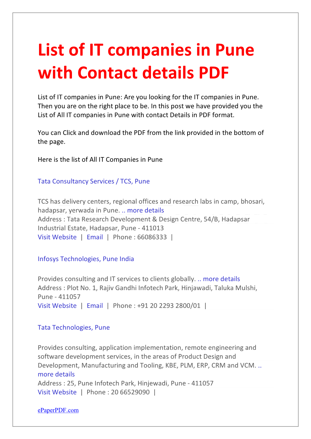 List of IT Companies in Pune with Contact Details PDF