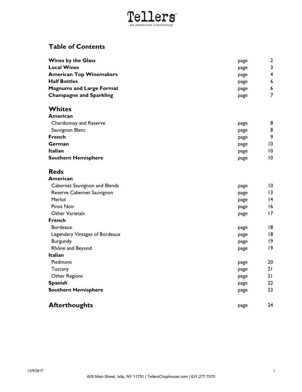 Table of Contents Whites Reds Afterthoughts