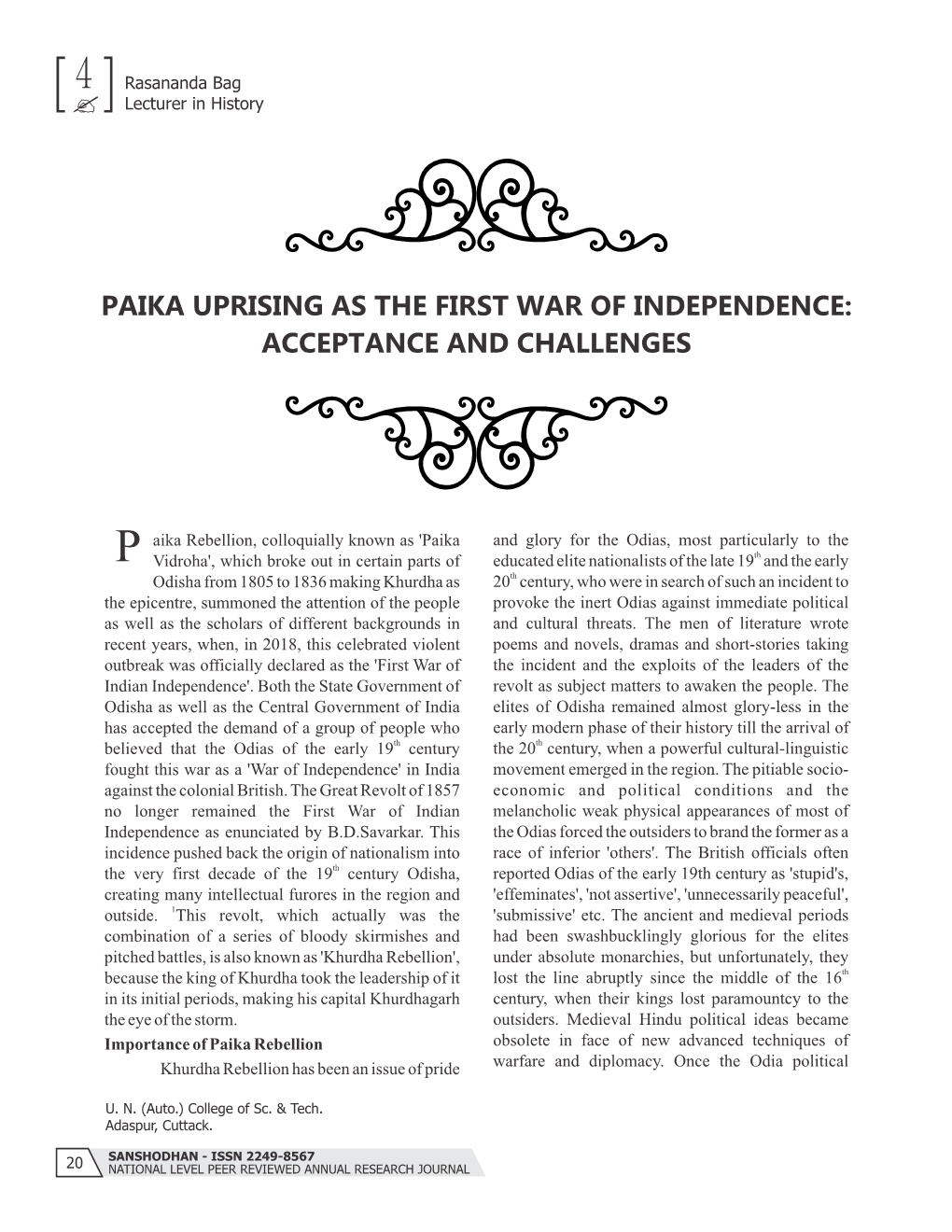 Paika Uprising As the First War of Independence: Acceptance and Challenges