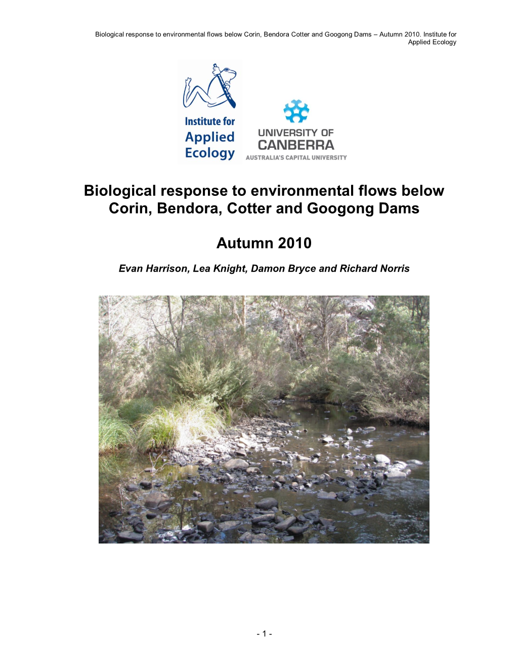 Biological Response to Environmental Flows Below Corin, Bendora, Cotter and Googong Dams