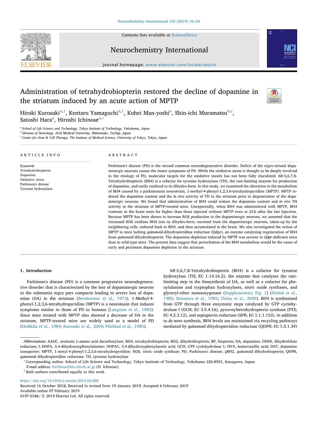 Administration of Tetrahydrobiopterin Restored the Decline of Dopamine in the Striatum Induced by an Acute Action of MPTP T