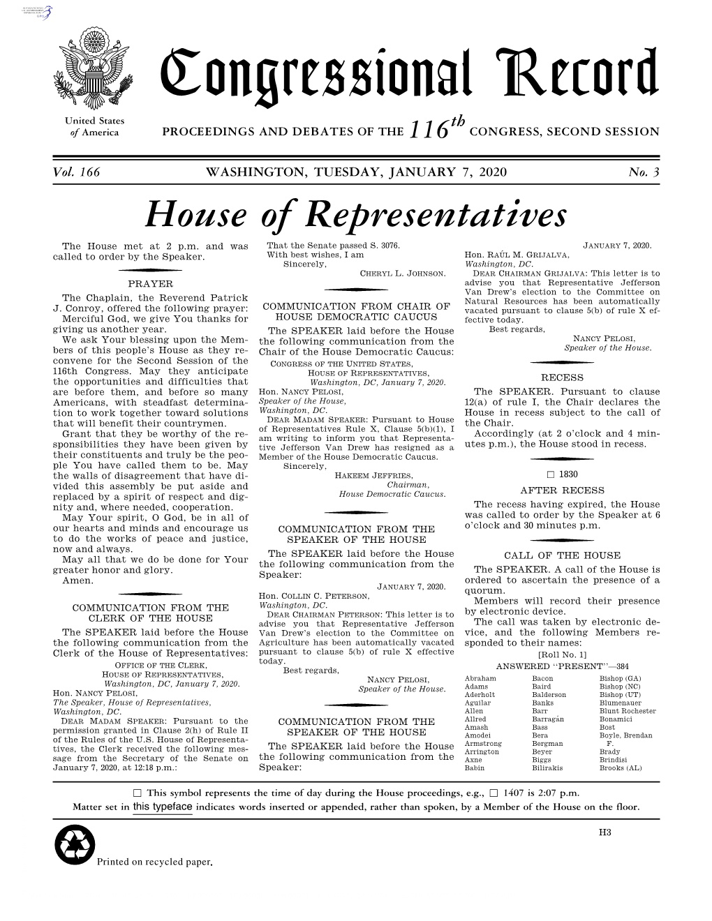 Congressional Record United States Th of America PROCEEDINGS and DEBATES of the 116 CONGRESS, SECOND SESSION