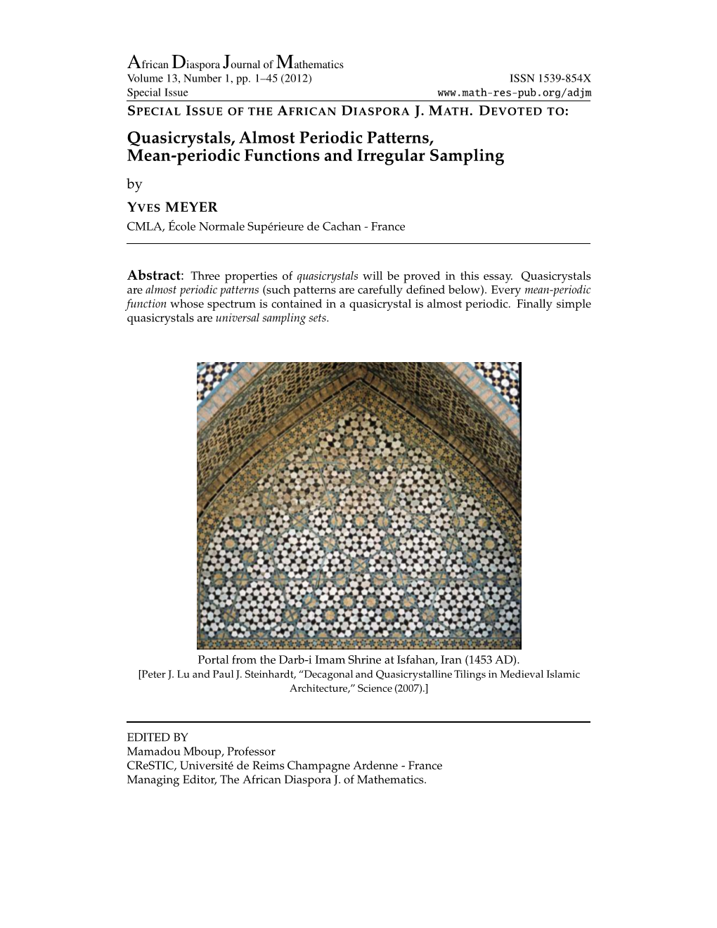 Quasicrystals, Almost Periodic Patterns, Mean-Periodic Functions and Irregular Sampling by YVES MEYER CMLA, Ecole´ Normale Sup´Erieure De Cachan - France