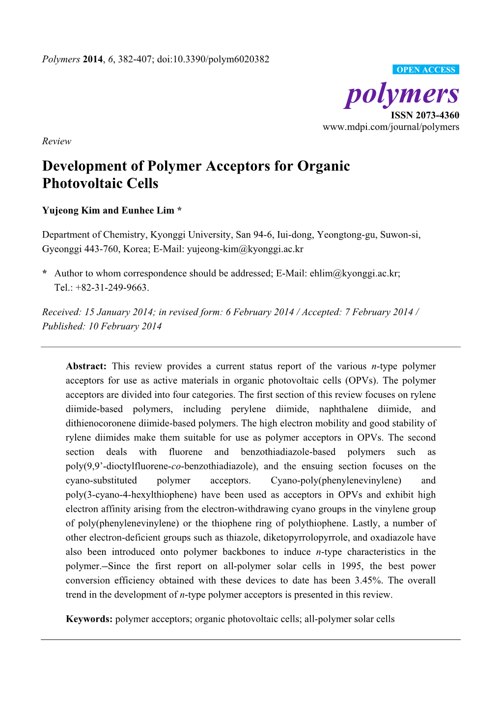 Development of Polymer Acceptors for Organic Photovoltaic Cells