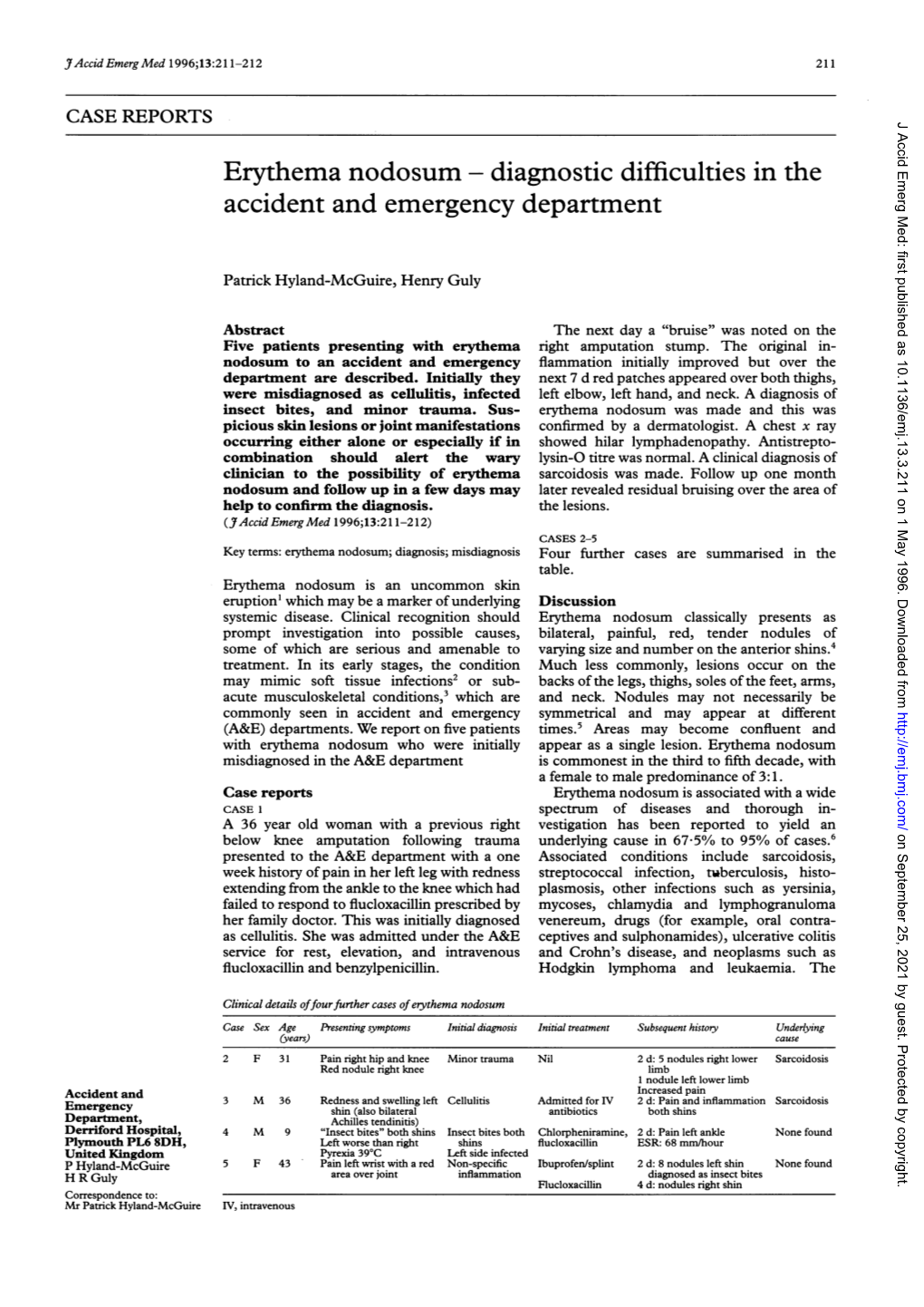 Erythema Nodosum Diagnostic Difficulties in the Accident and Emergency Department