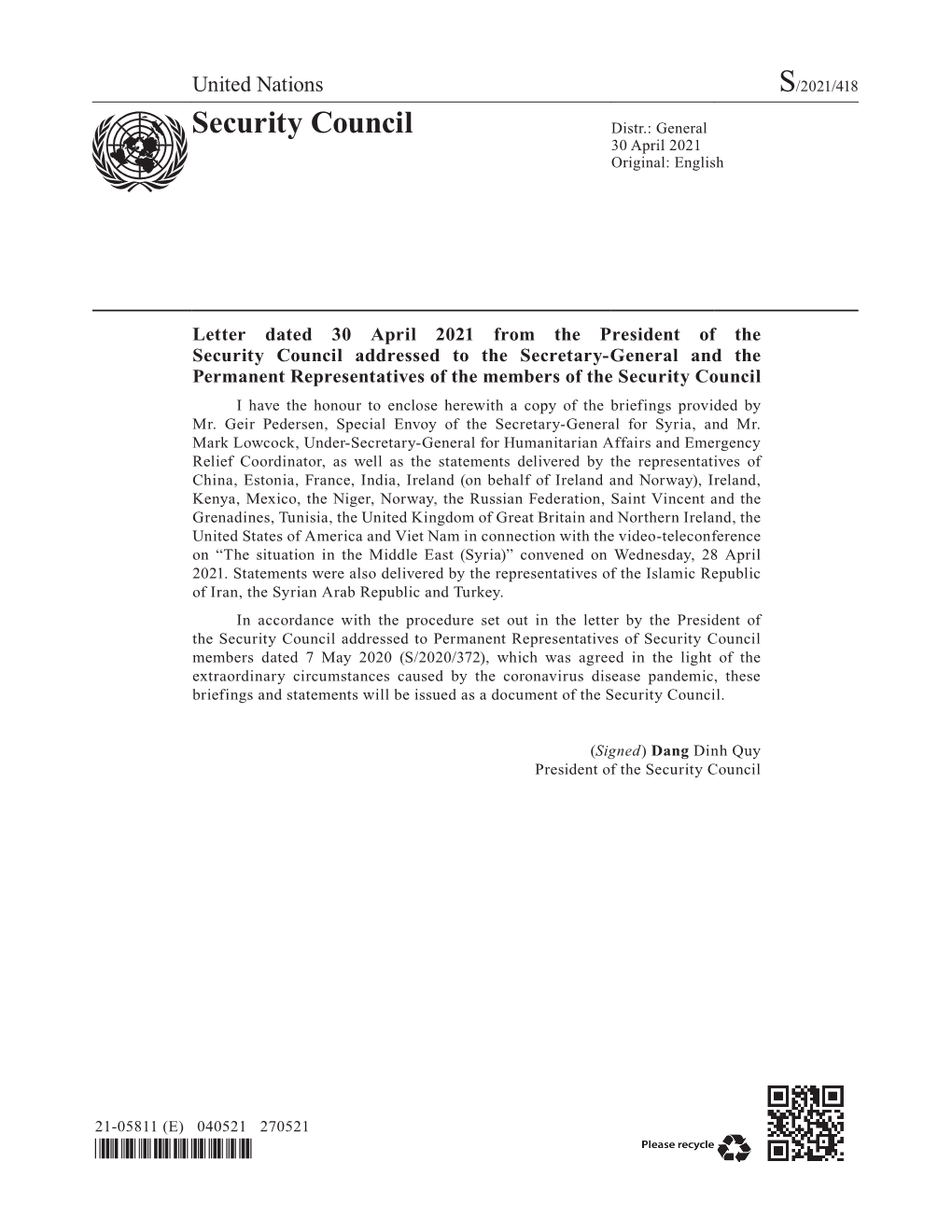 Letter Dated 30 April 2021 from the President of the Security Council