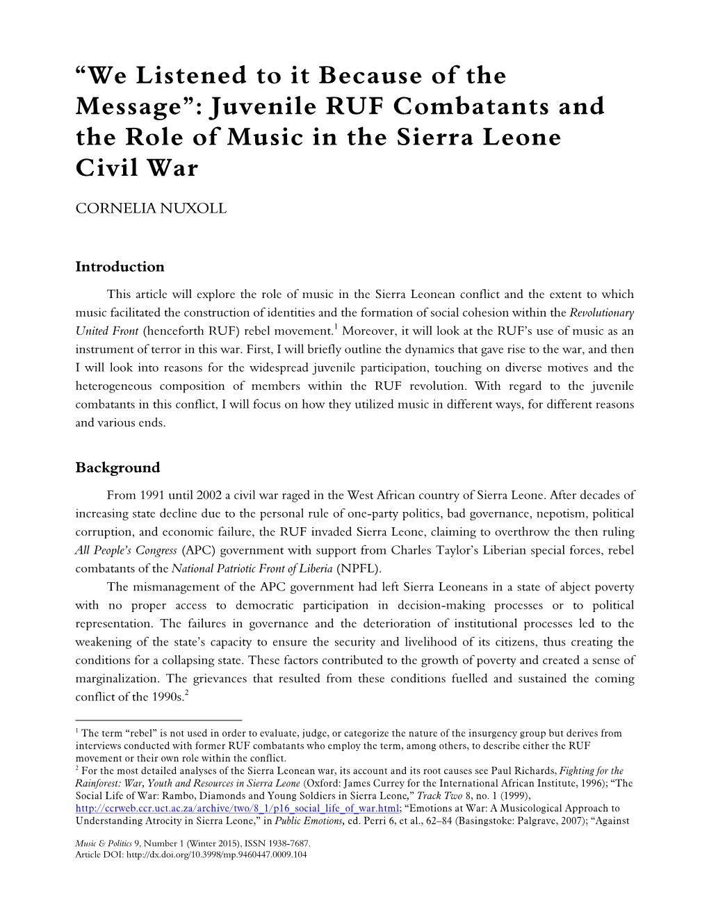 Juvenile RUF Combatants and the Role of Music in the Sierra Leone Civil War