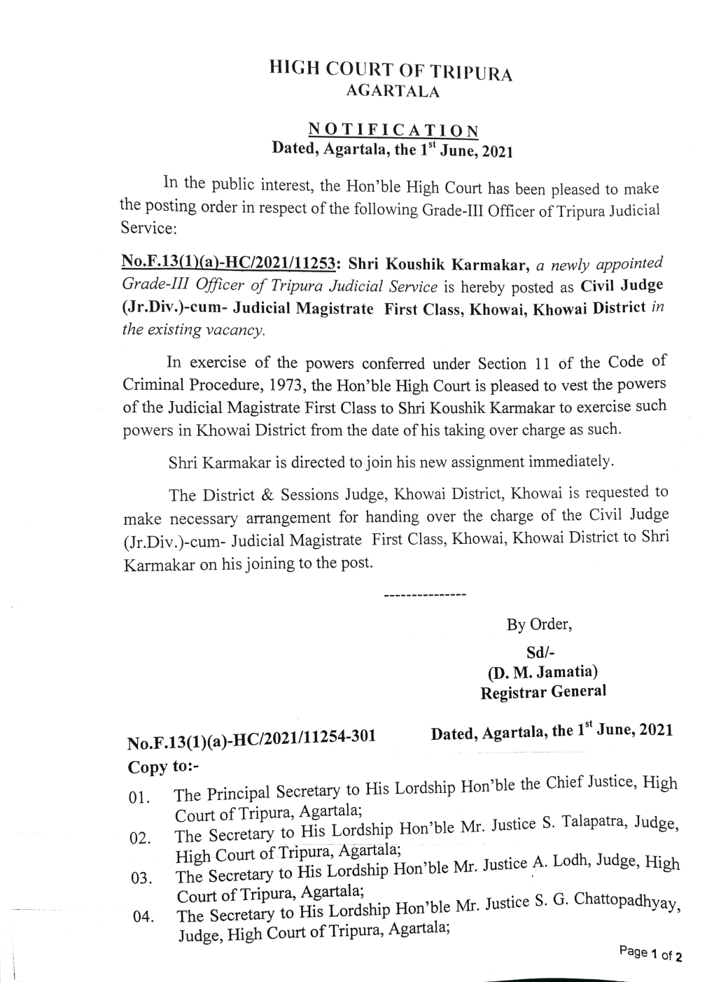 NOTIFICATION Dated, Agartala, the 1 June, 2021