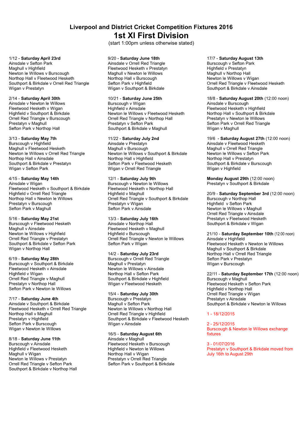 1St XI First Division (Start 1:00Pm Unless Otherwise Stated)
