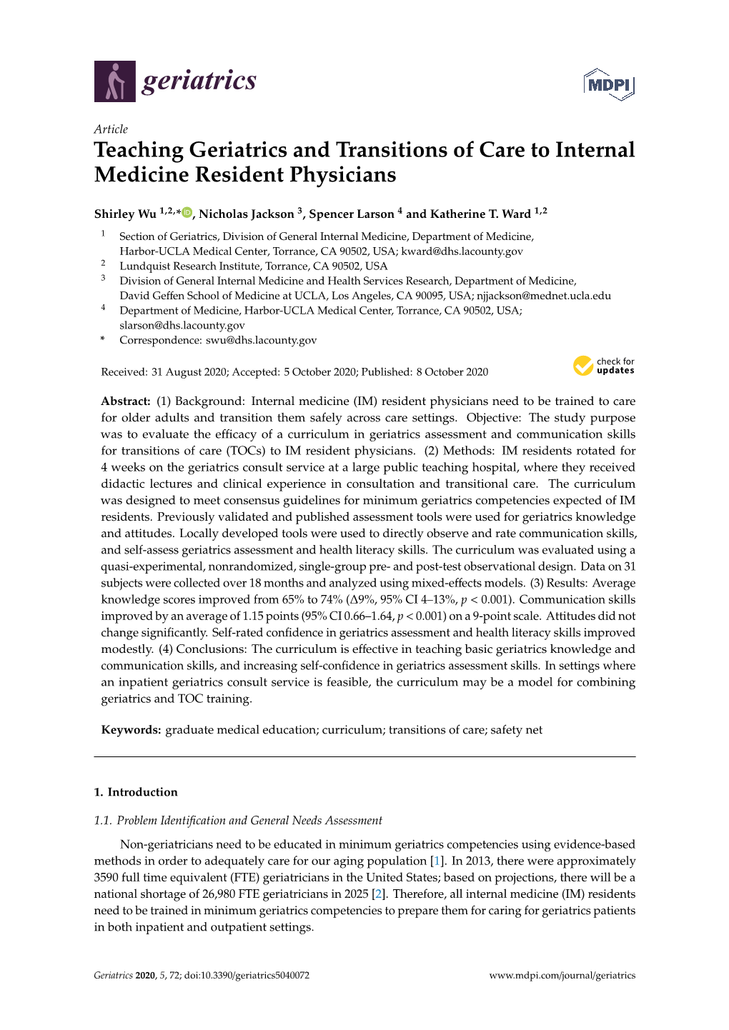 Teaching Geriatrics and Transitions of Care to Internal Medicine Resident Physicians