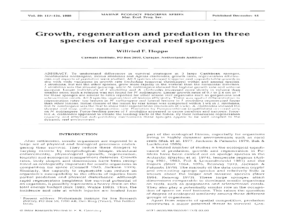 Growth, Regeneration and Predation in Three Species of Large Coral Reef Sponges