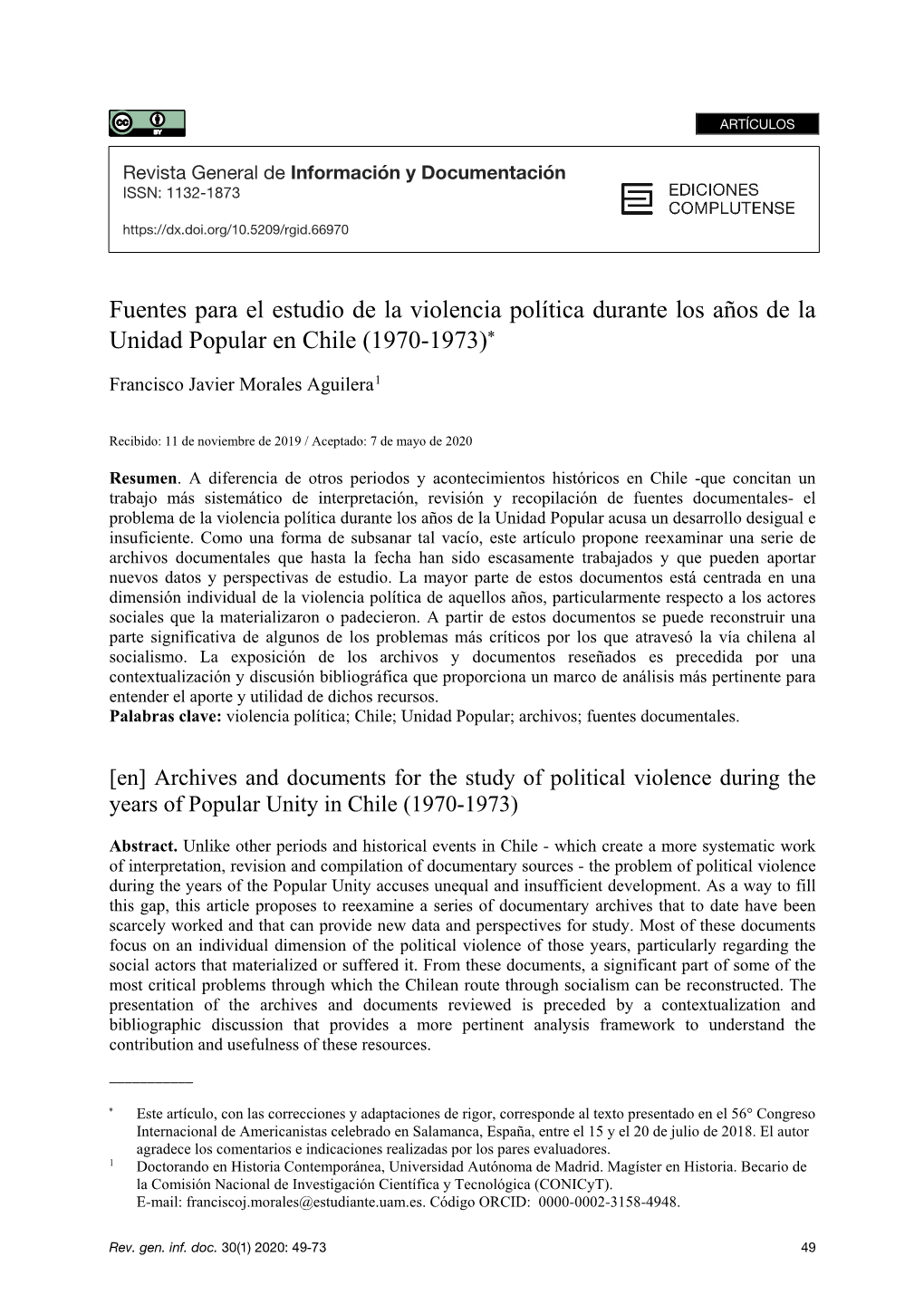 Fuentes Para El Estudio De La Violencia Política Durante Los Años De La Unidad Popular En Chile (1970-1973)∗