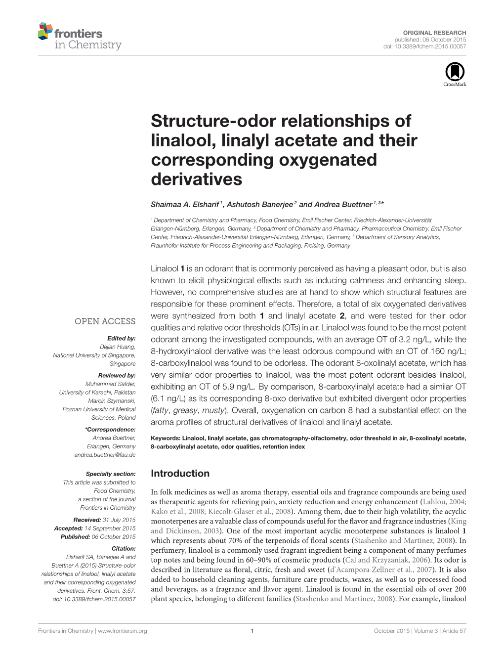 Structure-Odor Relationships of Linalool, Linalyl Acetate and Their Corresponding Oxygenated Derivatives