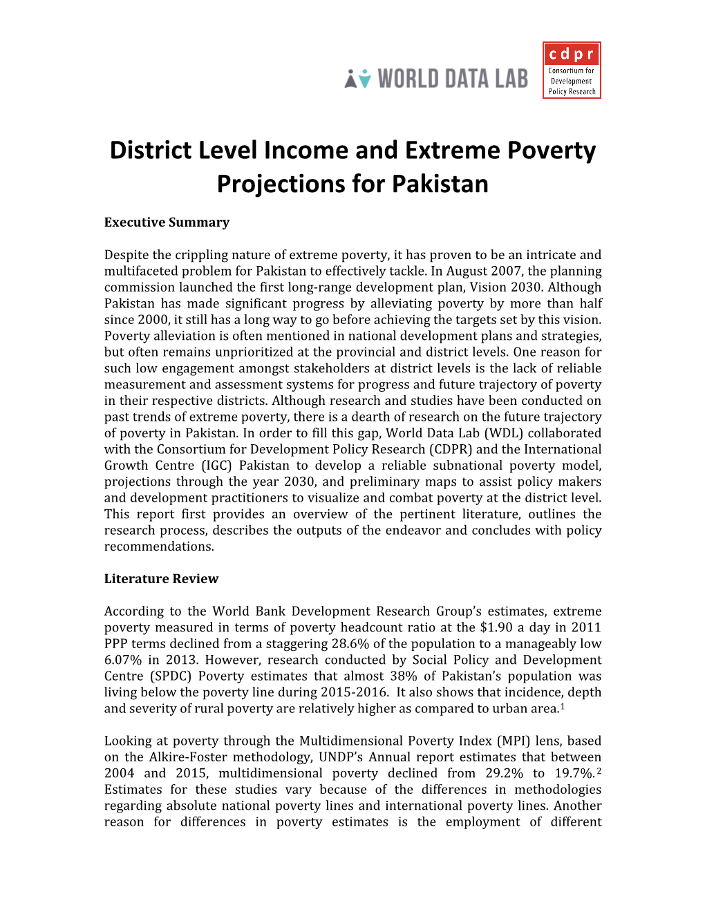 District Level Income and Extreme Poverty Projections for Pakistan