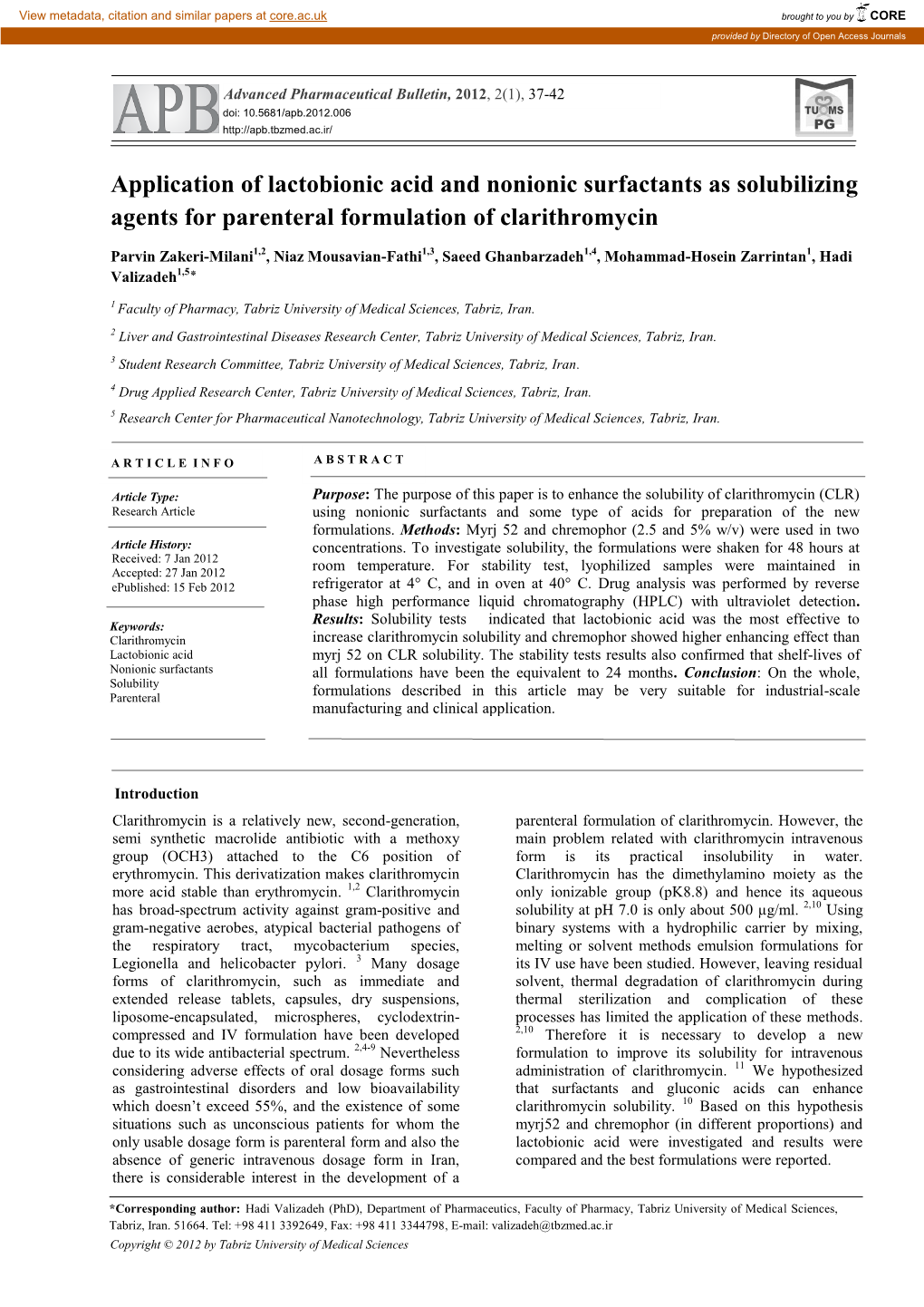 Application of Lactobionic Acid and Nonionic Surfactants As Solubilizing Agents for Parenteral Formulation of Clarithromycin