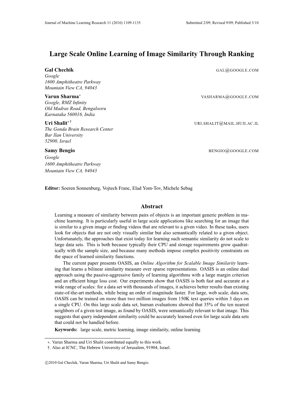 Large Scale Online Learning of Image Similarity Through Ranking