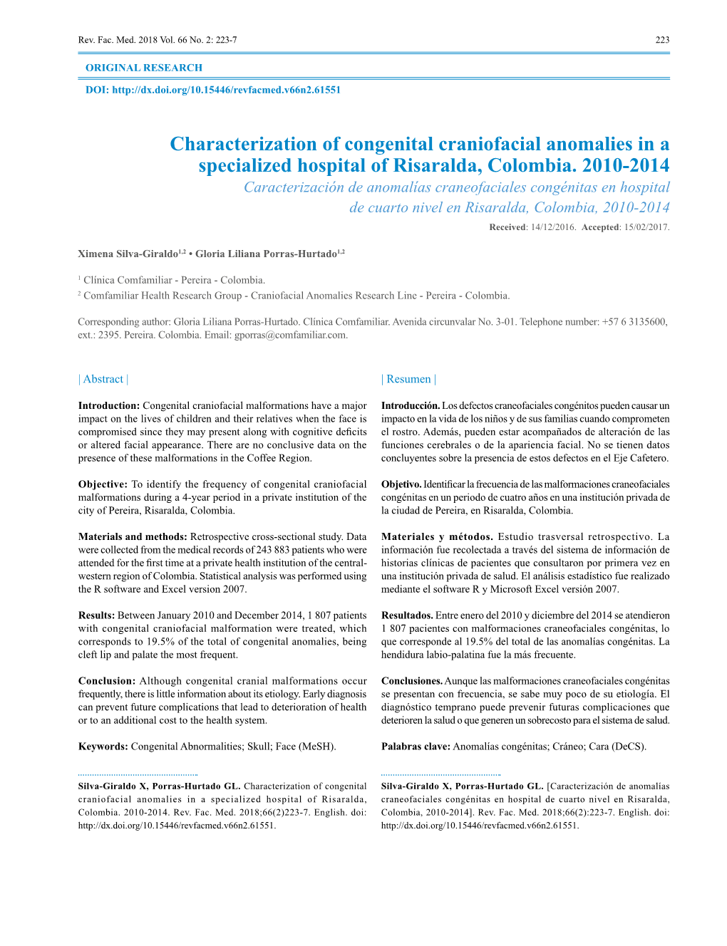 Characterization of Congenital Craniofacial Anomalies in a Specialized Hospital of Risaralda, Colombia