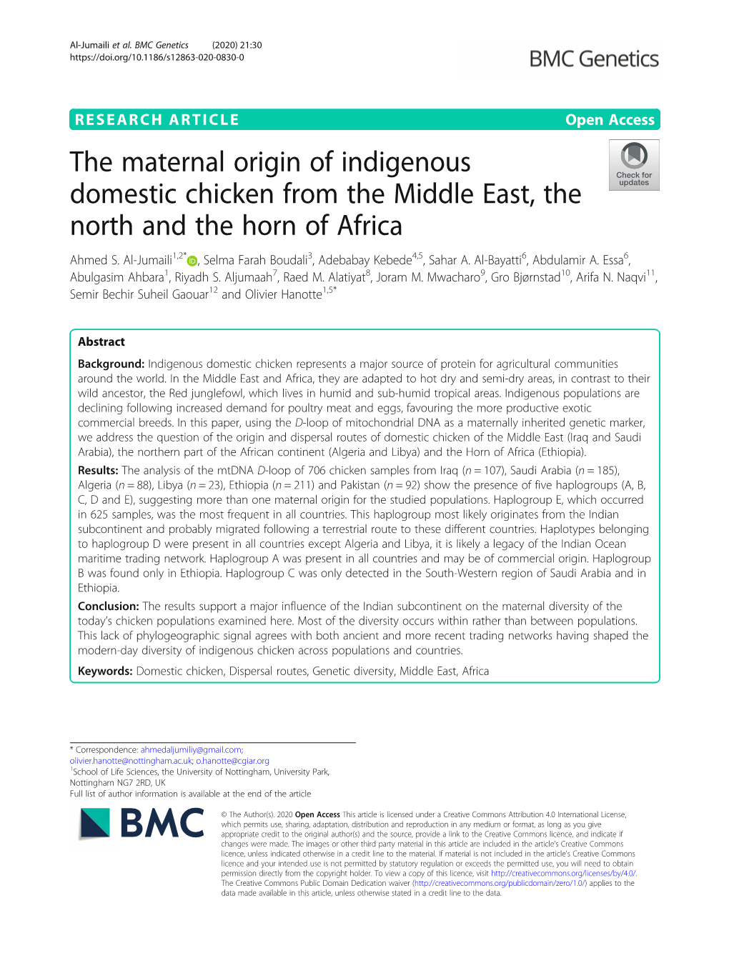 The Maternal Origin of Indigenous Domestic Chicken from the Middle East, the North and the Horn of Africa Ahmed S