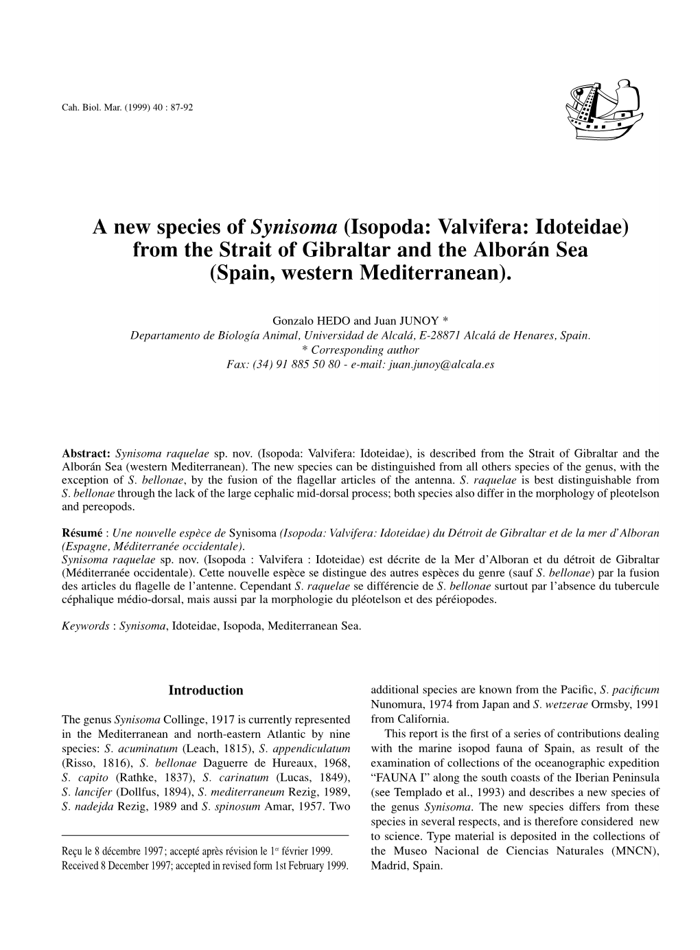 A New Species of Synisoma (Isopoda: Valvifera: Idoteidae) from the Strait of Gibraltar and the Alborán Sea (Spain, Western Mediterranean)