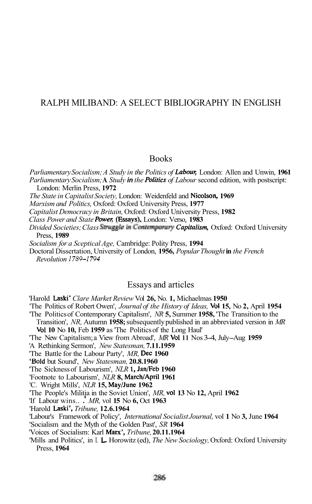 Ralph Miliband: a Select Bibliography in English