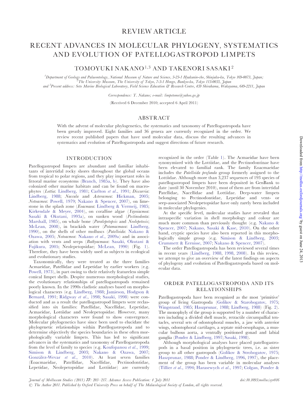 Review Article Recent Advances in Molecular Phylogeny, Systematics