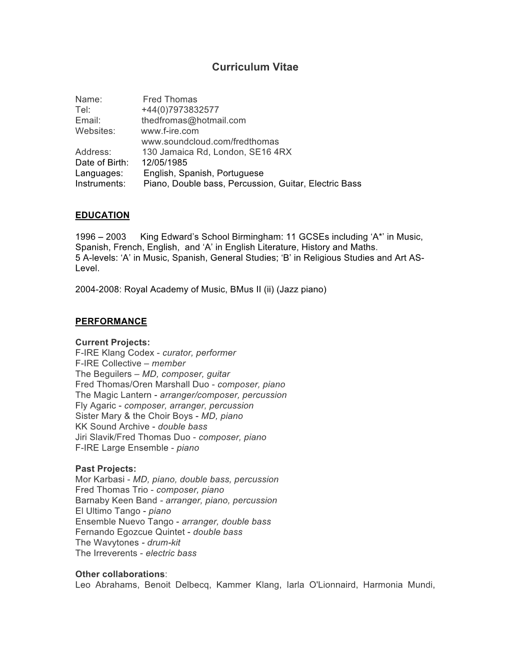 Fred Thomas CV