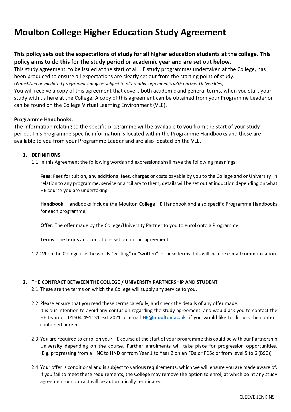 Moulton College Higher Education Study Agreement