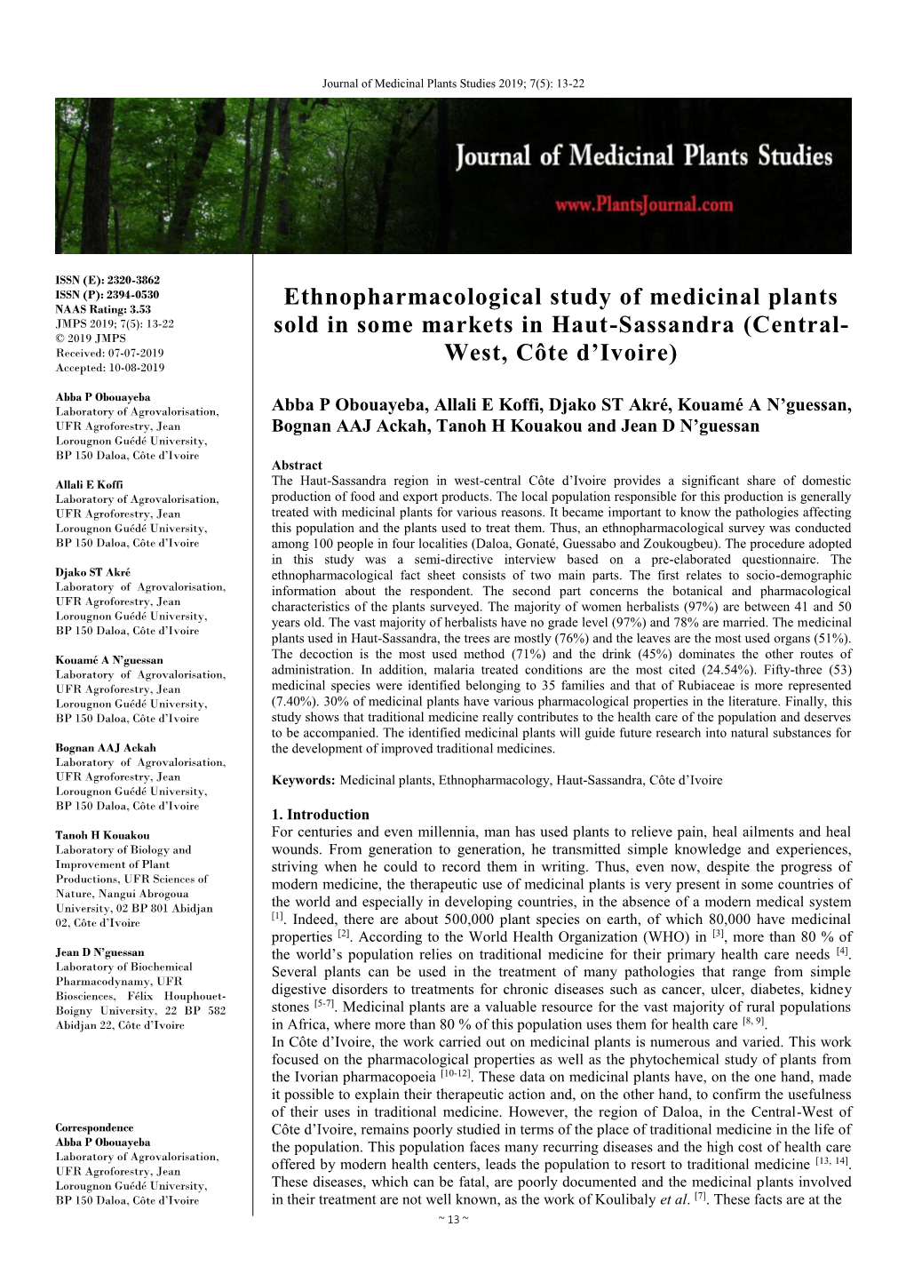 Ethnopharmacological Study of Medicinal Plants Sold in Some