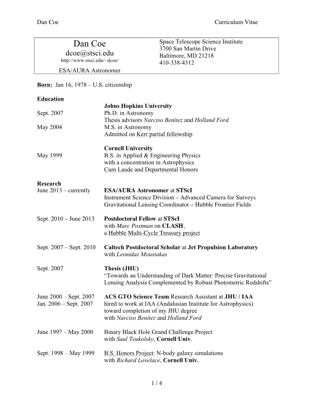 Dan Coe Curriculum Vitae