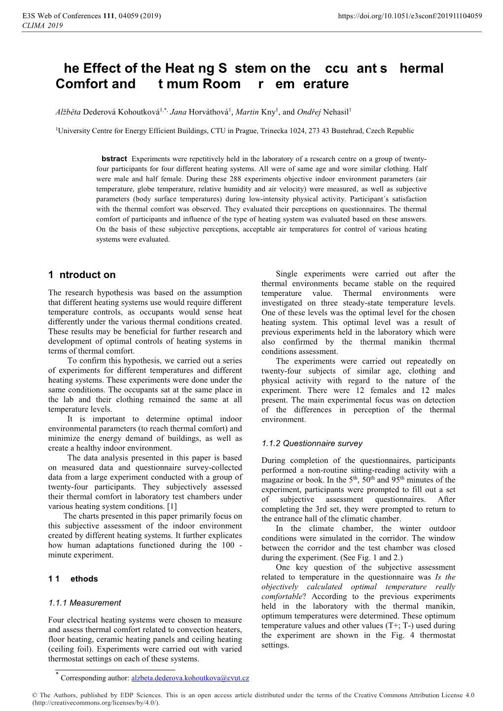 The Effect of the Heating System on the Occupant's Thermal Comfort and Optimum Room Air Temperature