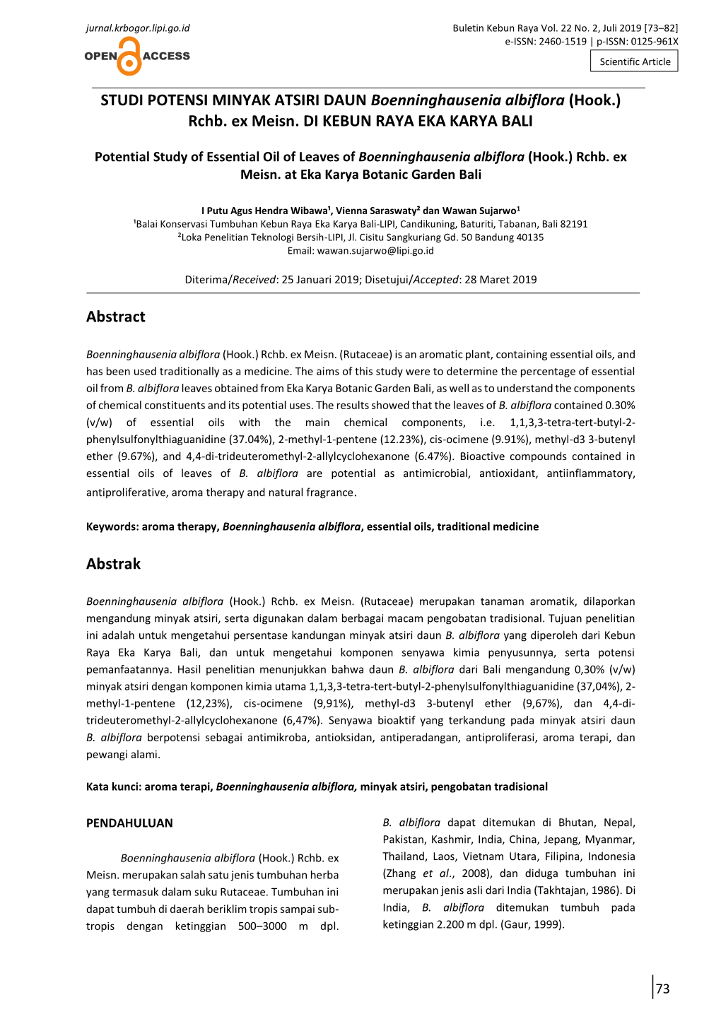 STUDI POTENSI MINYAK ATSIRI DAUN Boenninghausenia Albiflora (Hook.) Rchb