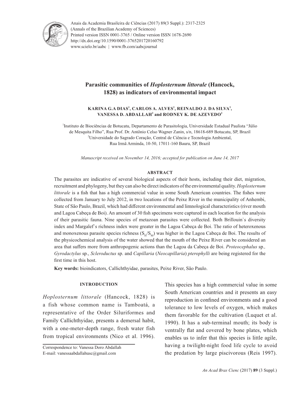 Parasitic Communities of Hoplosternum Littorale (Hancock, 1828) As Indicators of Environmental Impact