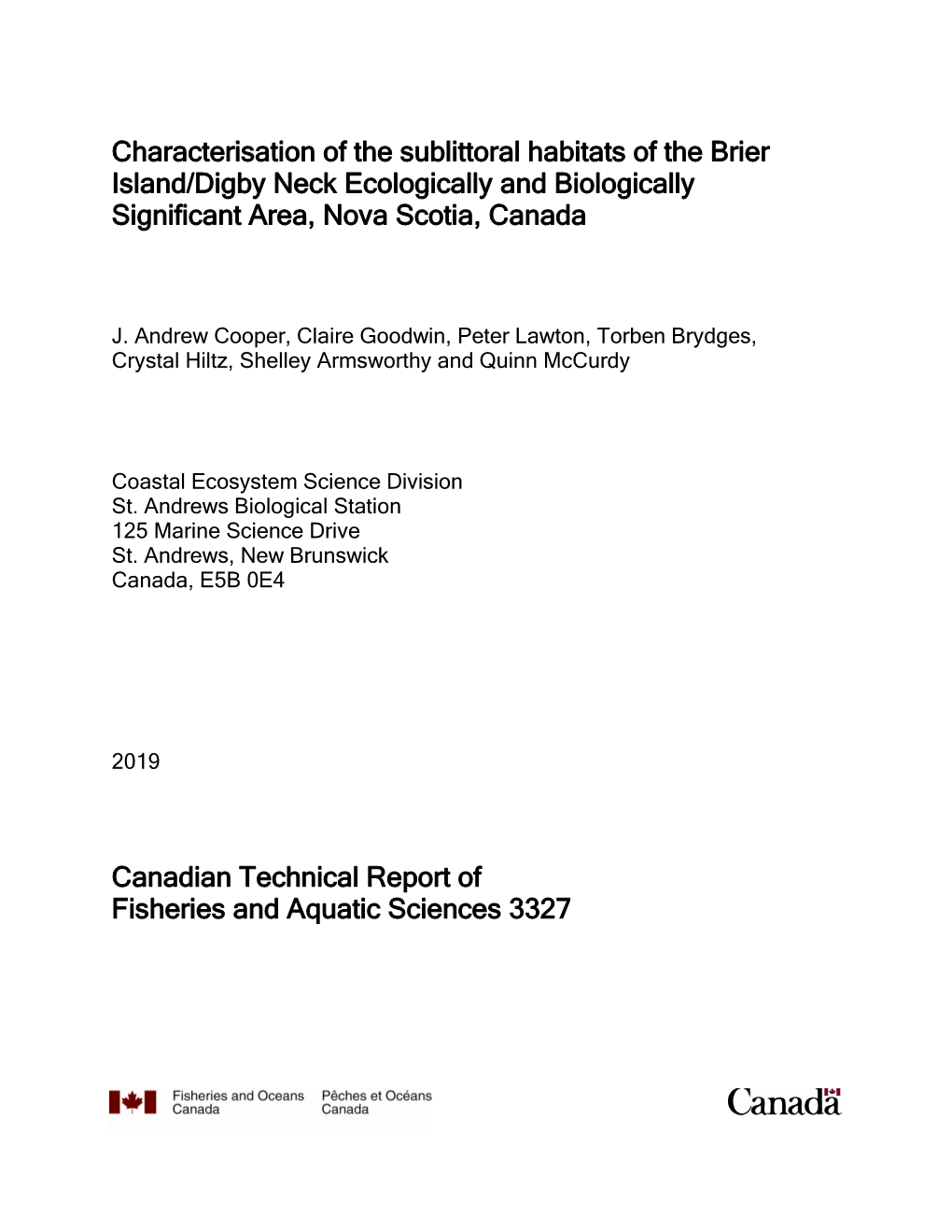 Characterisation of the Sublittoral Habitats of the Brier Island/Digby Neck Ecologically and Biologically Significant Area, Nova Scotia, Canada