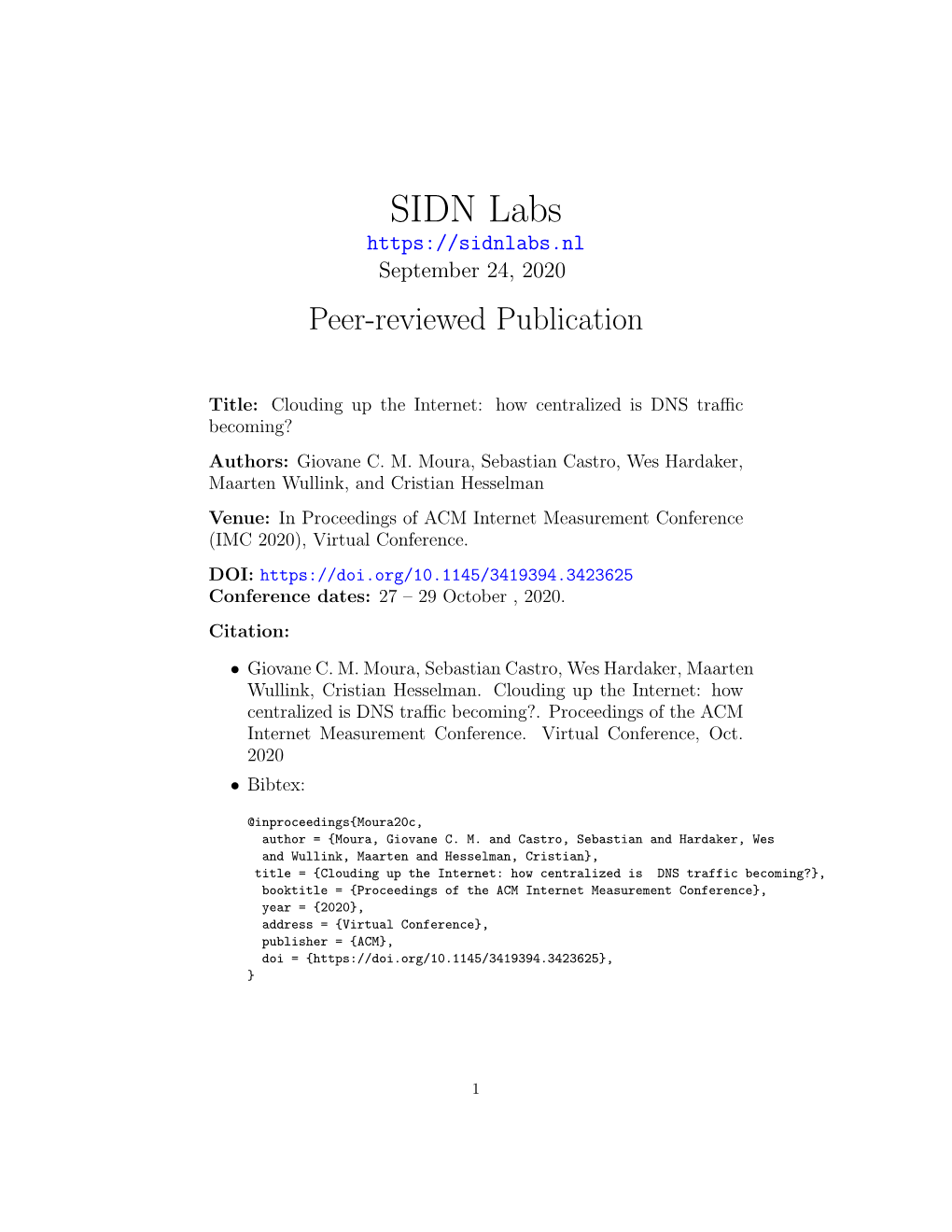 SIDN Labs September 24, 2020 Peer-Reviewed Publication