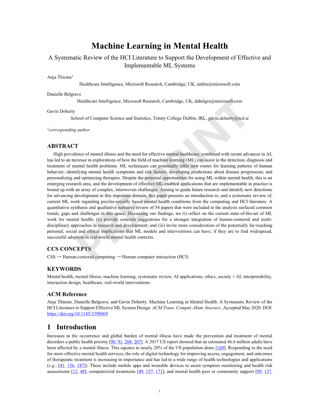 Machine Learning in Mental Health a Systematic Review of the HCI Literature to Support the Development of Effective and Implementable ML Systems