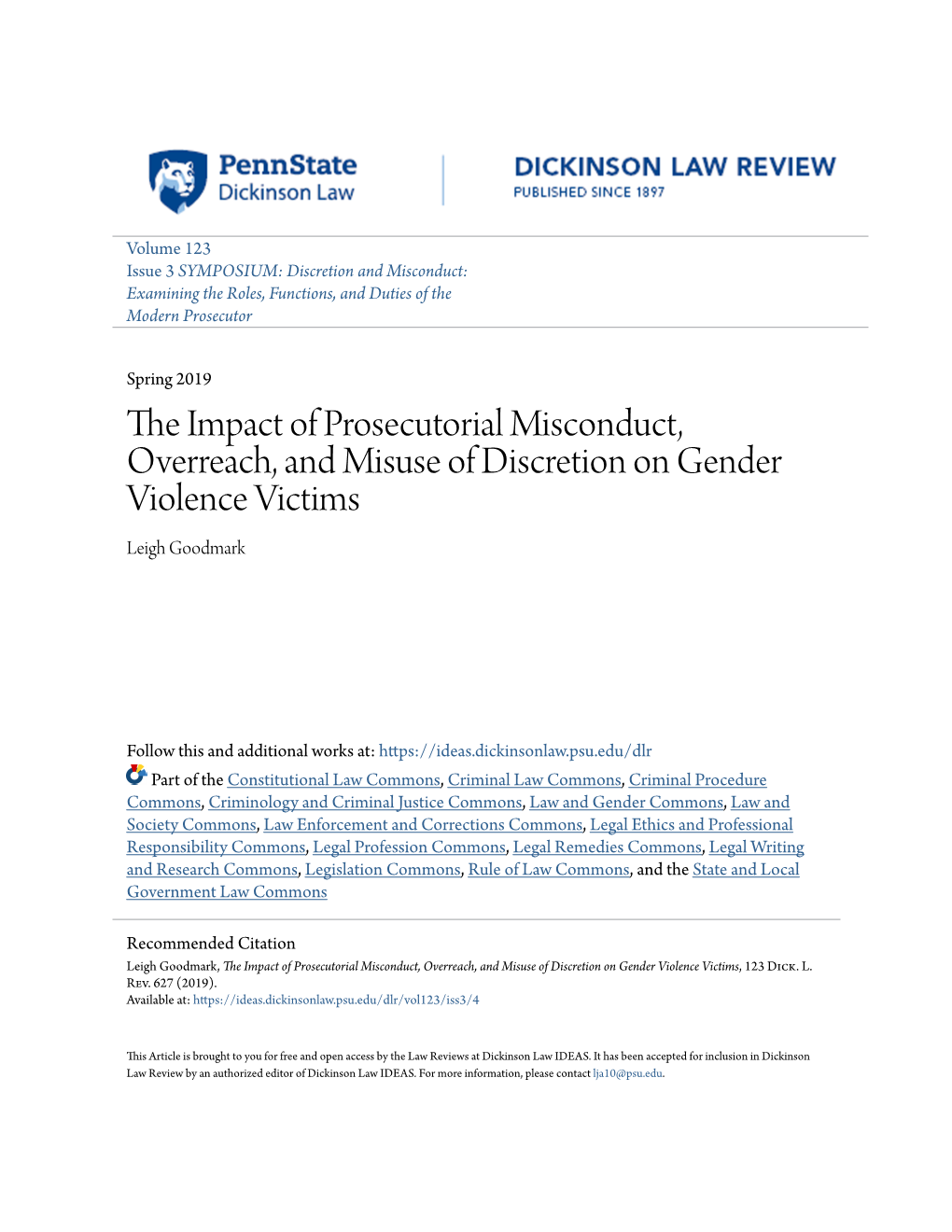 The Impact of Prosecutorial Misconduct, Overreach, and Misuse of Discretion on Gender Violence Victims, 123 Dick