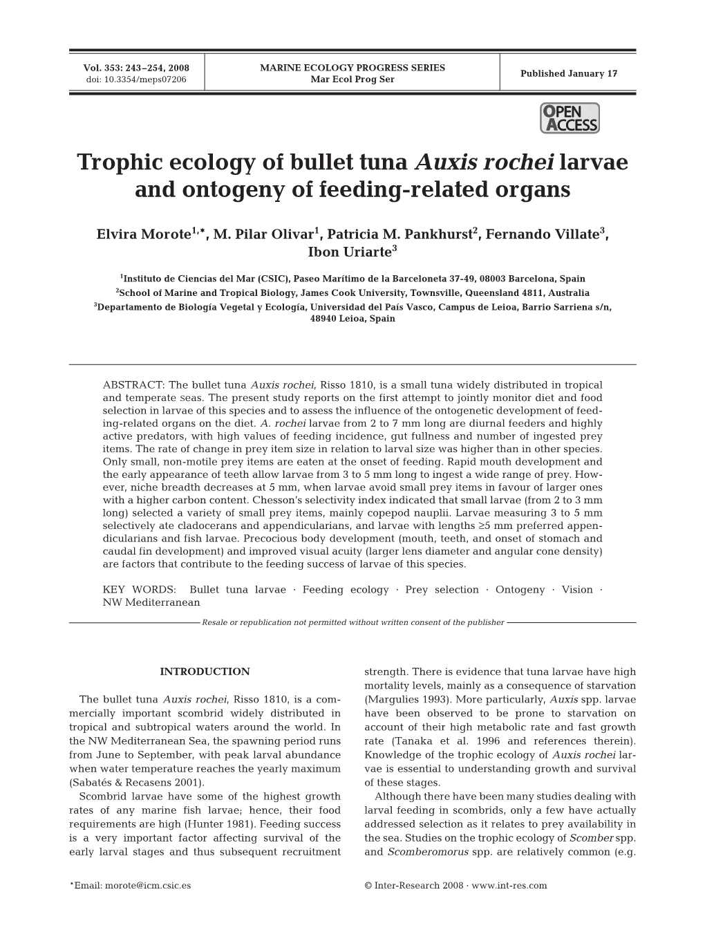 Trophic Ecology of Bullet Tuna Auxis Rochei Larvae and Ontogeny of Feeding-Related Organs