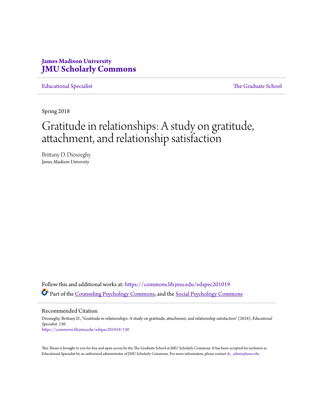 A Study on Gratitude, Attachment, and Relationship Satisfaction Brittany D