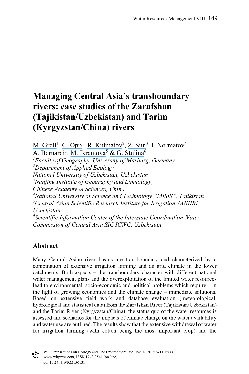 Managing Central Asia's Transboundary Rivers: Case Studies of the Zarafshan (Tajikistan/Uzbekistan) and Tarim (Kyrgyzstan/Chin