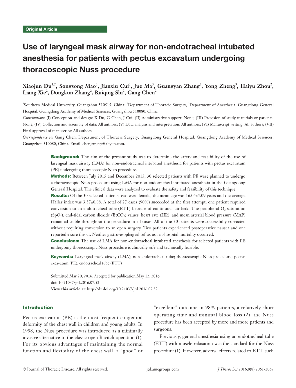 Use of Laryngeal Mask Airway for Non-Endotracheal Intubated Anesthesia for Patients with Pectus Excavatum Undergoing Thoracoscopic Nuss Procedure