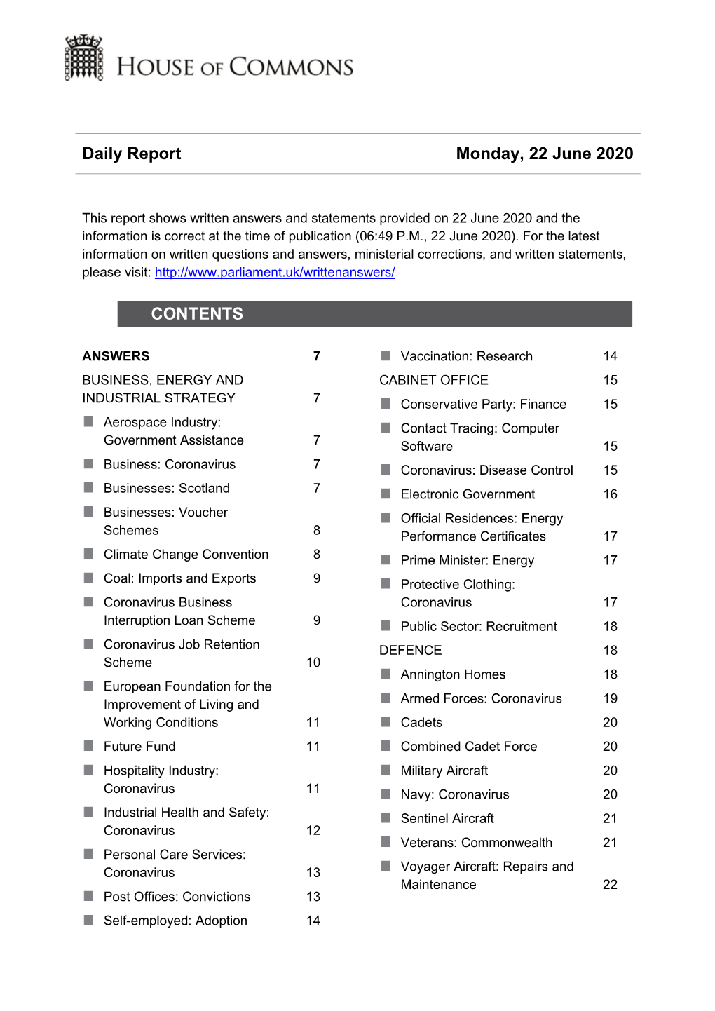 Daily Report Monday, 22 June 2020 CONTENTS