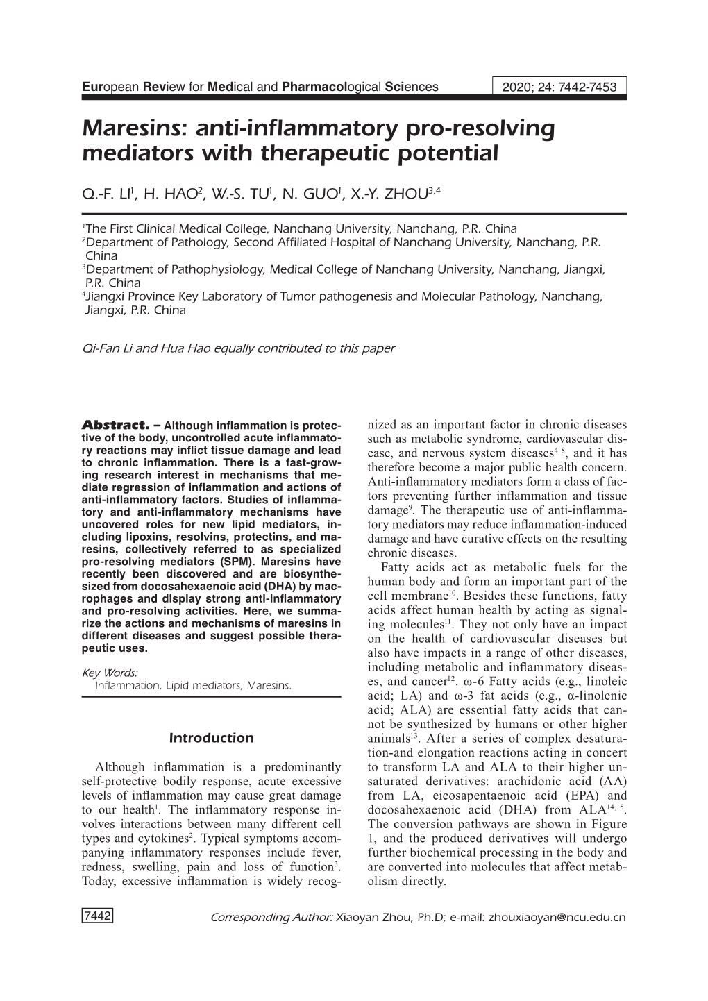 Anti-Inflammatory Pro-Resolving Mediators with Therapeutic Potential