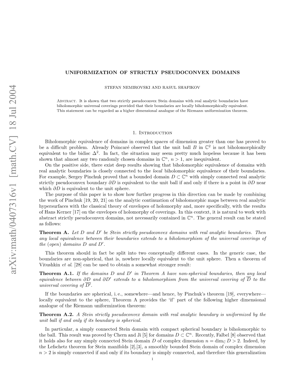 [Math.CV] 18 Jul 2004 Eadﬃutpolm Led Ona´ Bevdta H Ntball Unit the That Poincar´E Observed Already Problem