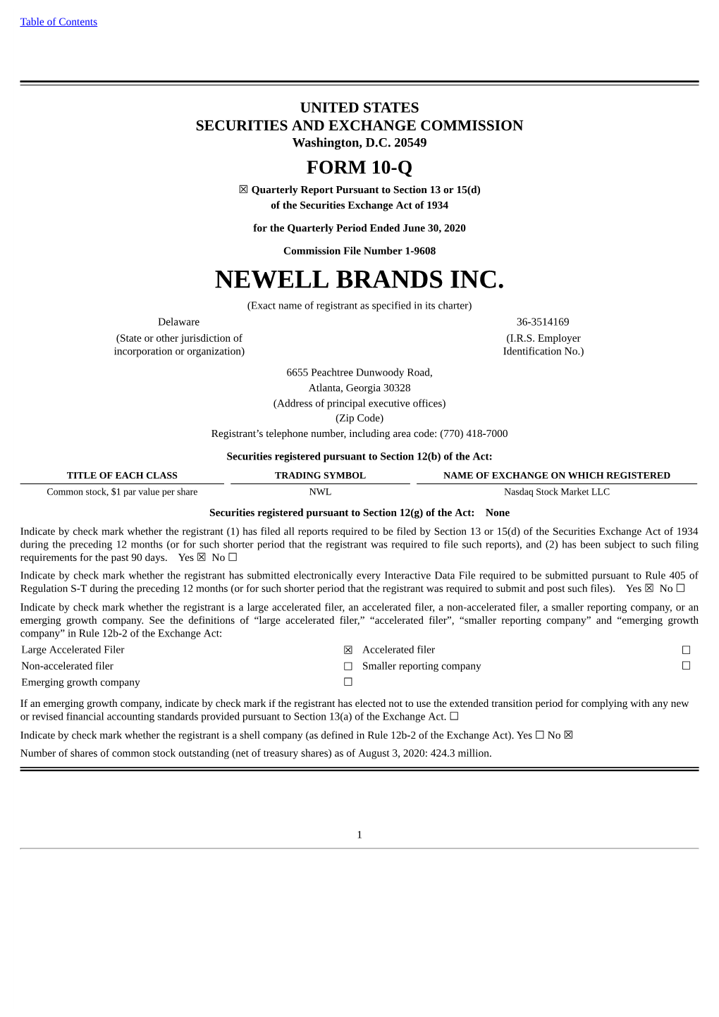 NEWELL BRANDS INC. (Exact Name of Registrant As Specified in Its Charter) Delaware 36-3514169 (State Or Other Jurisdiction of (I.R.S