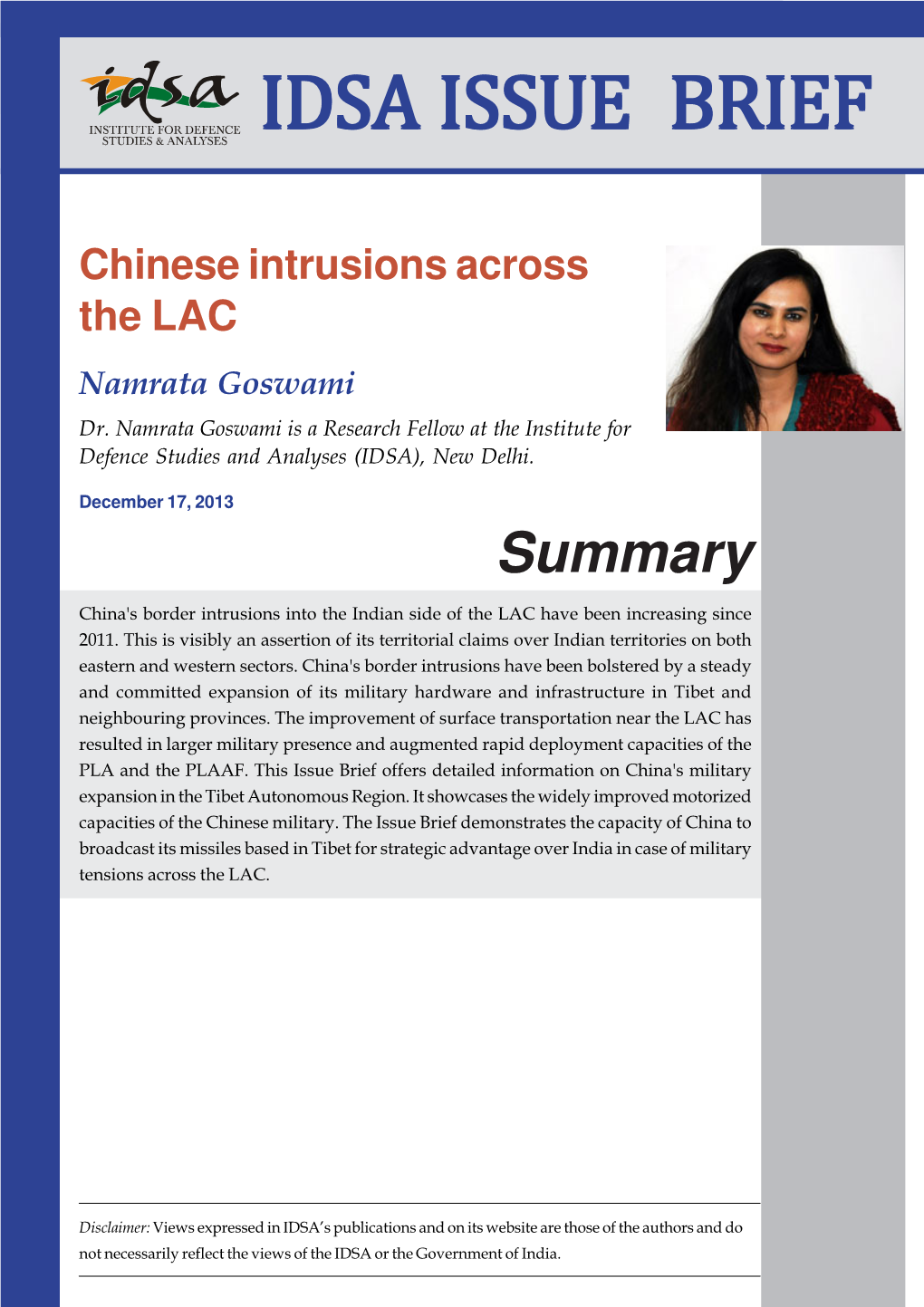 Chinese Intrusions Across the LAC Namrata Goswami